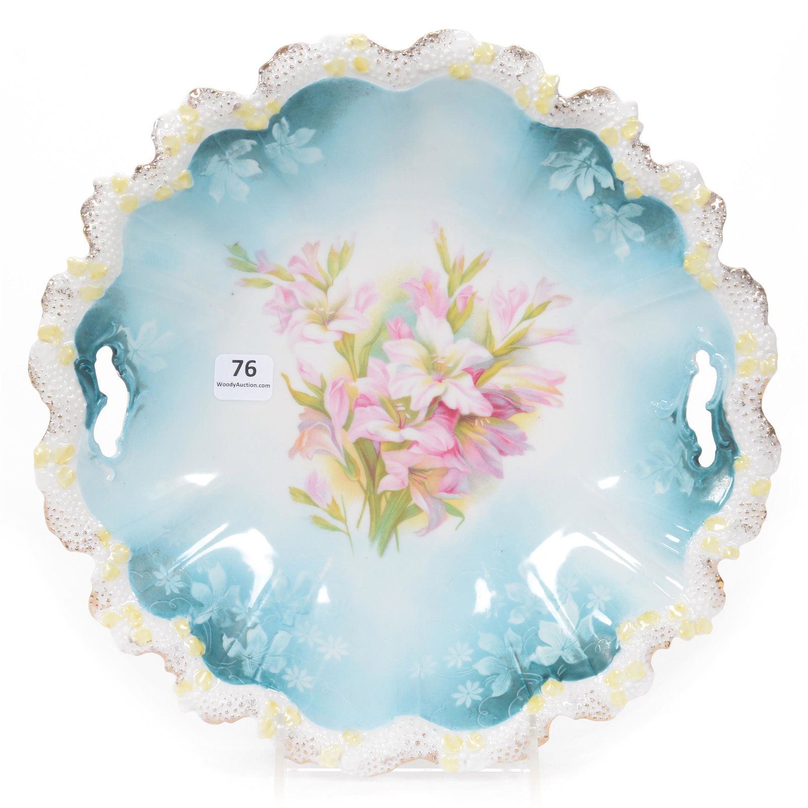 Cake Plate, Unmarked Prussia, Stipple Mold: Cake Plate, Unmarked Prussia, Stipple Mold, 11", Blue And White Tones With Lily Decor, The Walt Holz Estate.
