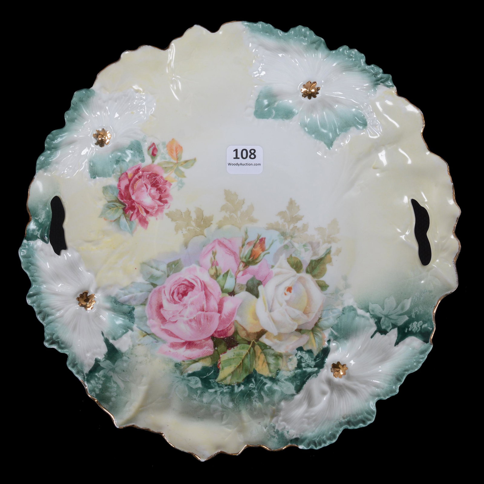 Cake Plate Marked R. S. Prussia, Carnation Mold: Cake Plate Marked R. S. Prussia, Carnation Mold, 10.25", White, Cream, And Green Tones With Pink And White Rose Decor, The Walt Holz Estate.