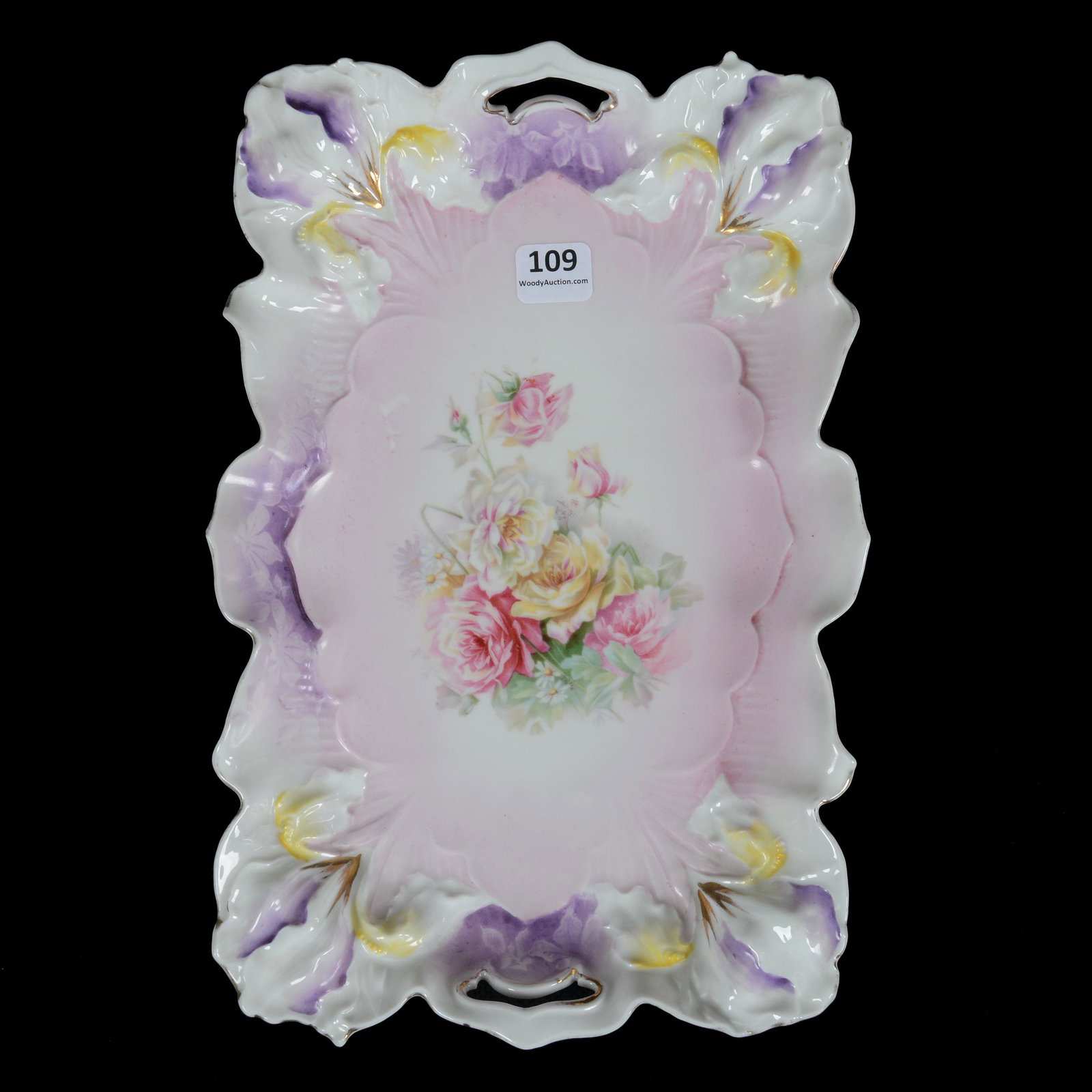 Dresser Tray Marked R. S. Prussia, Iris Mold: Dresser Tray Marked R. S. Prussia, Iris Mold, 11.25" x 7.25", Pink, Lavender, Yellow, And White Tones, Rose Decor, The Walt Holz Estate.