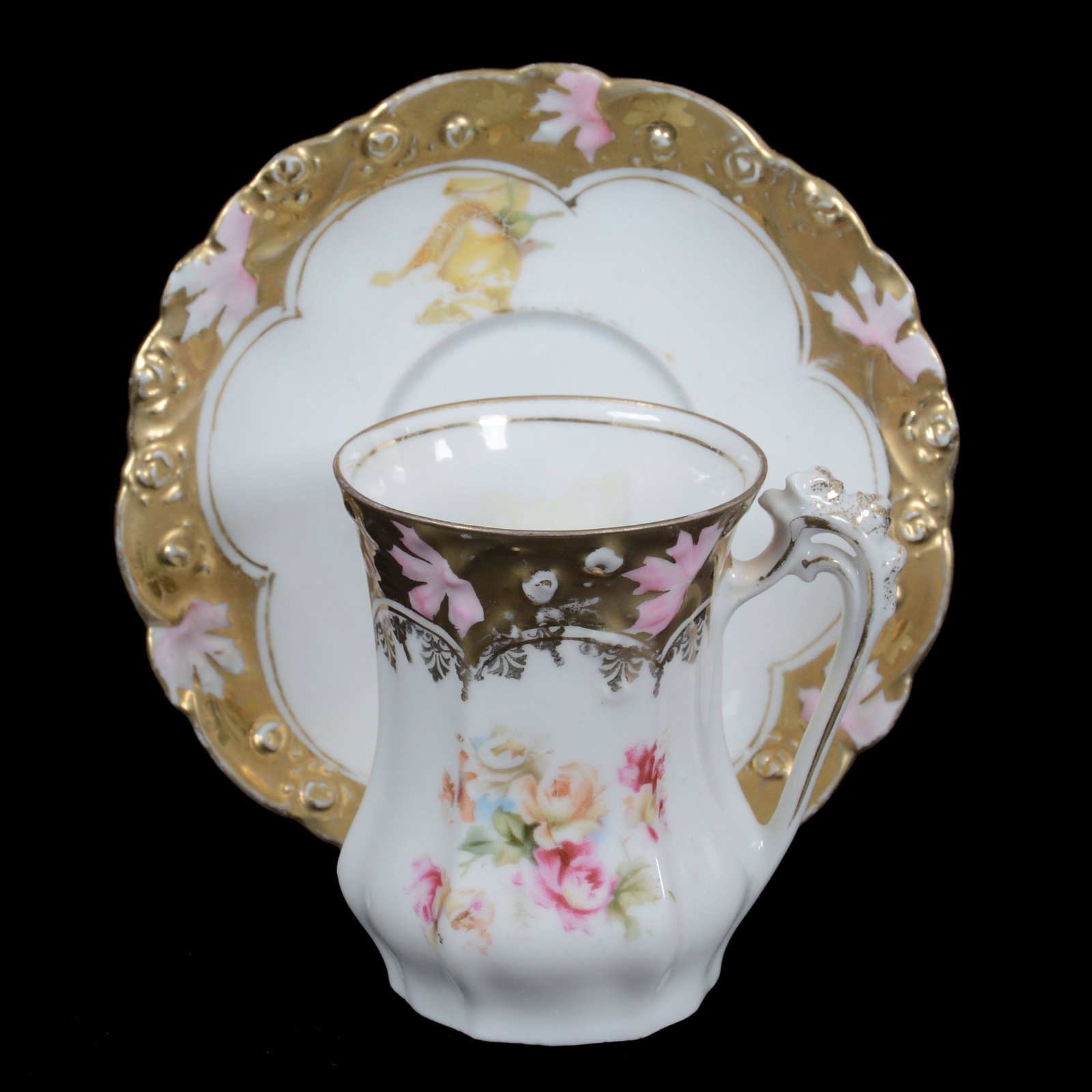 Chocolate Cup And Saucer, R.S. Steeple Mark: Chocolate Cup And Saucer, R.S. Steeple Mark, 3" x 4.25", Rosebud Mold, White With Rose Decor, Heavy Gold Border, Private Collection.