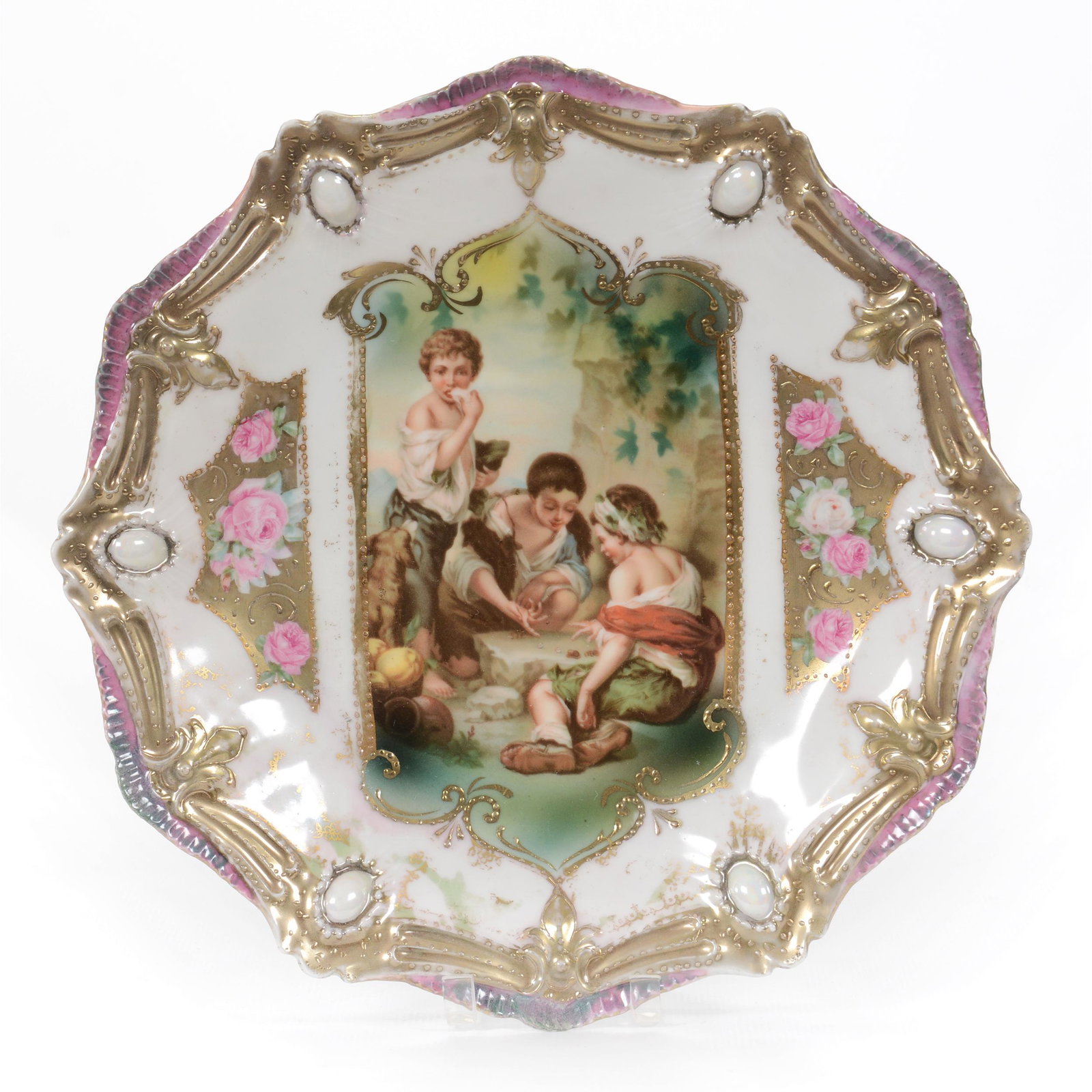 Plate Marked R. S. Prussia, Ribbon And Jewel Mold: Plate Marked R. S. Prussia, Ribbon And Jewel Mold, 8.5", Dice Throwers Scenic Decor, Opal Jewels, Some Fading To Background, Rood Collection, NY.