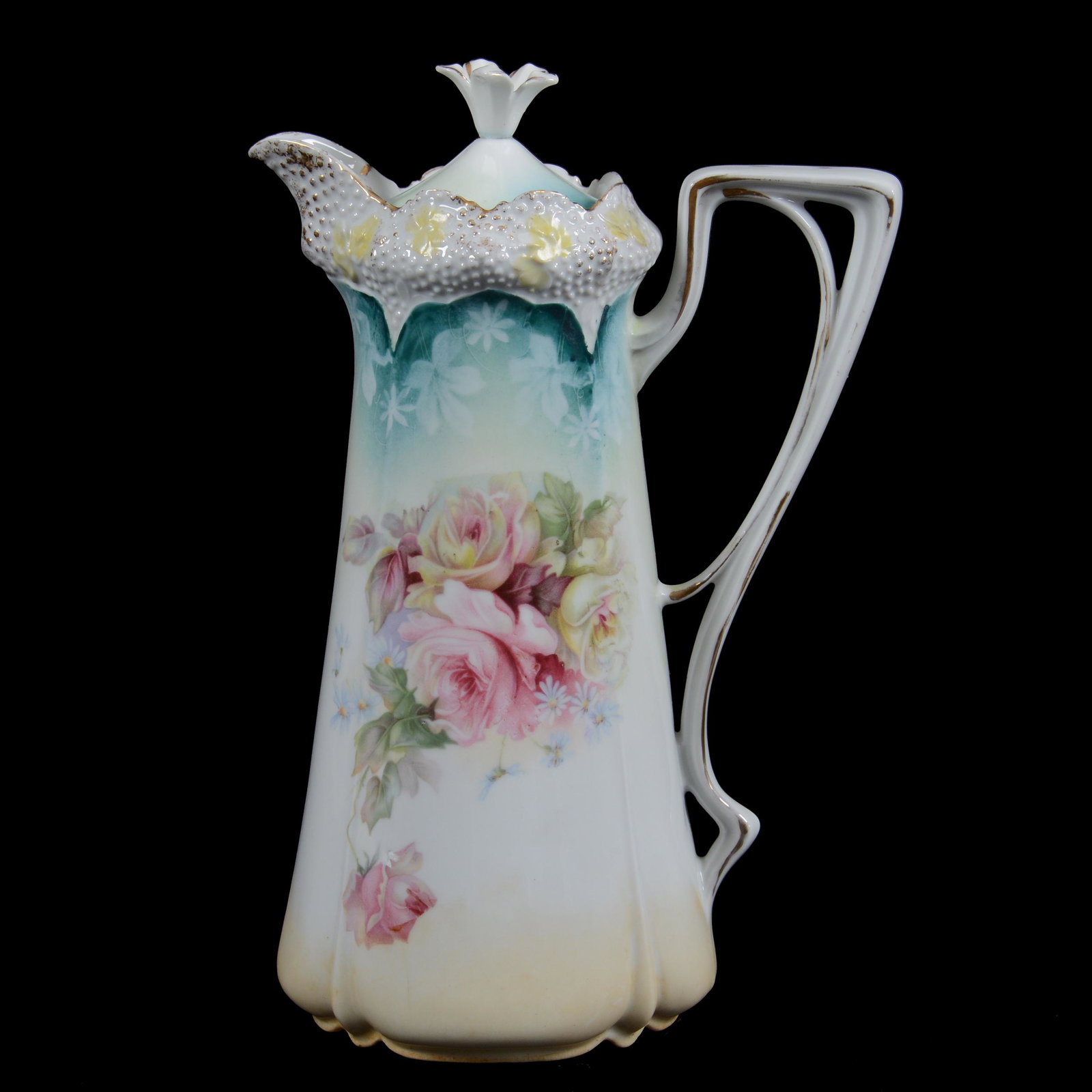 Chocolate Pot, Unmarked Prussia, Stipple Mold: Chocolate Pot, Unmarked Prussia, Stipple Mold, 9.5", Cream, White, And Green Tones, Pink And Yellow Rose Decor, Rood Collection, NY.