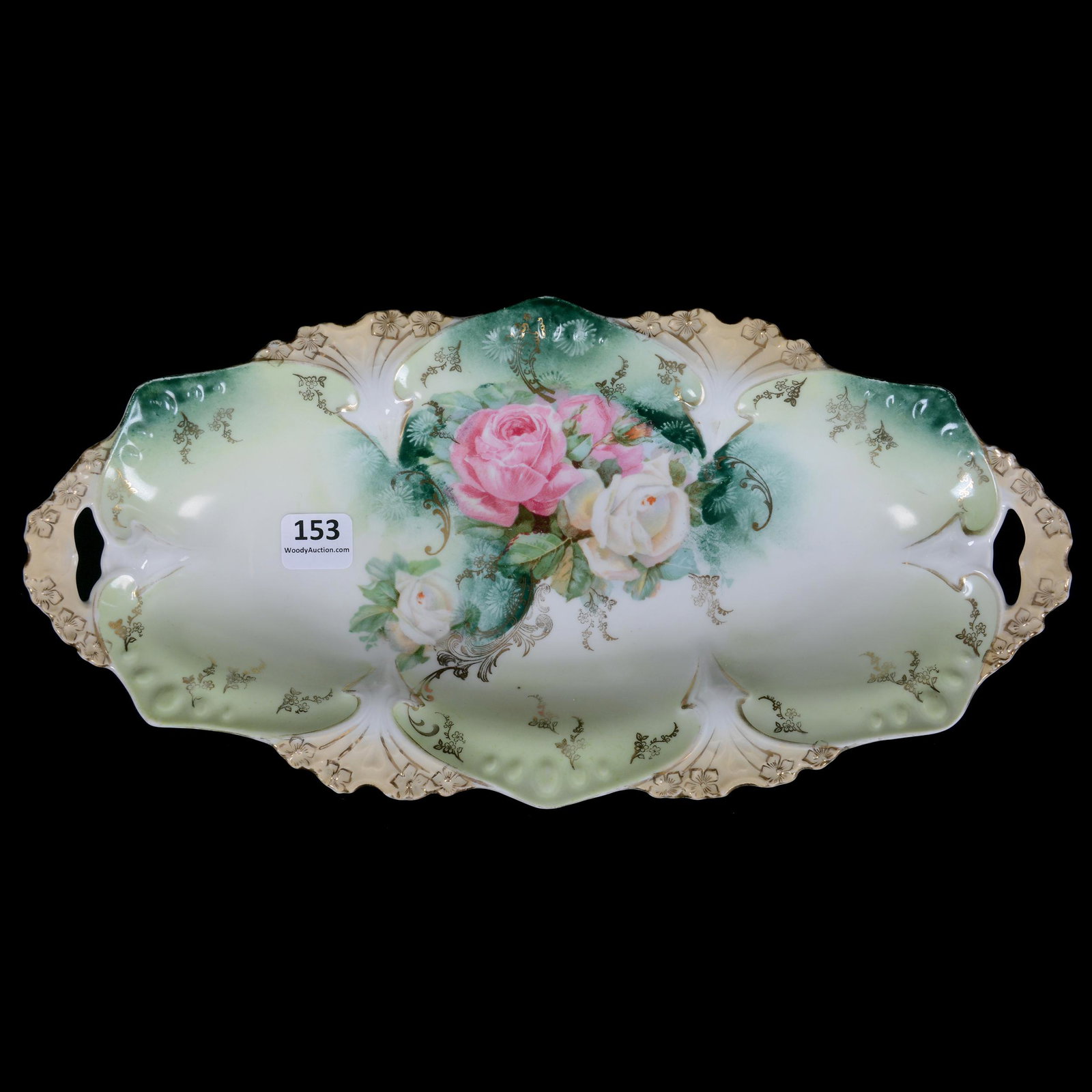 Celery Tray Marked R. S. Prussia, Point And Clover Mold: Celery Tray Marked R. S. Prussia, Point And Clover Mold, 12.25" x 6", Green, Cream, And White Tones With Pink And White Rose Decor, Gold Stencil Highlights, Chips On Base Ring, Rood Collection, NY.