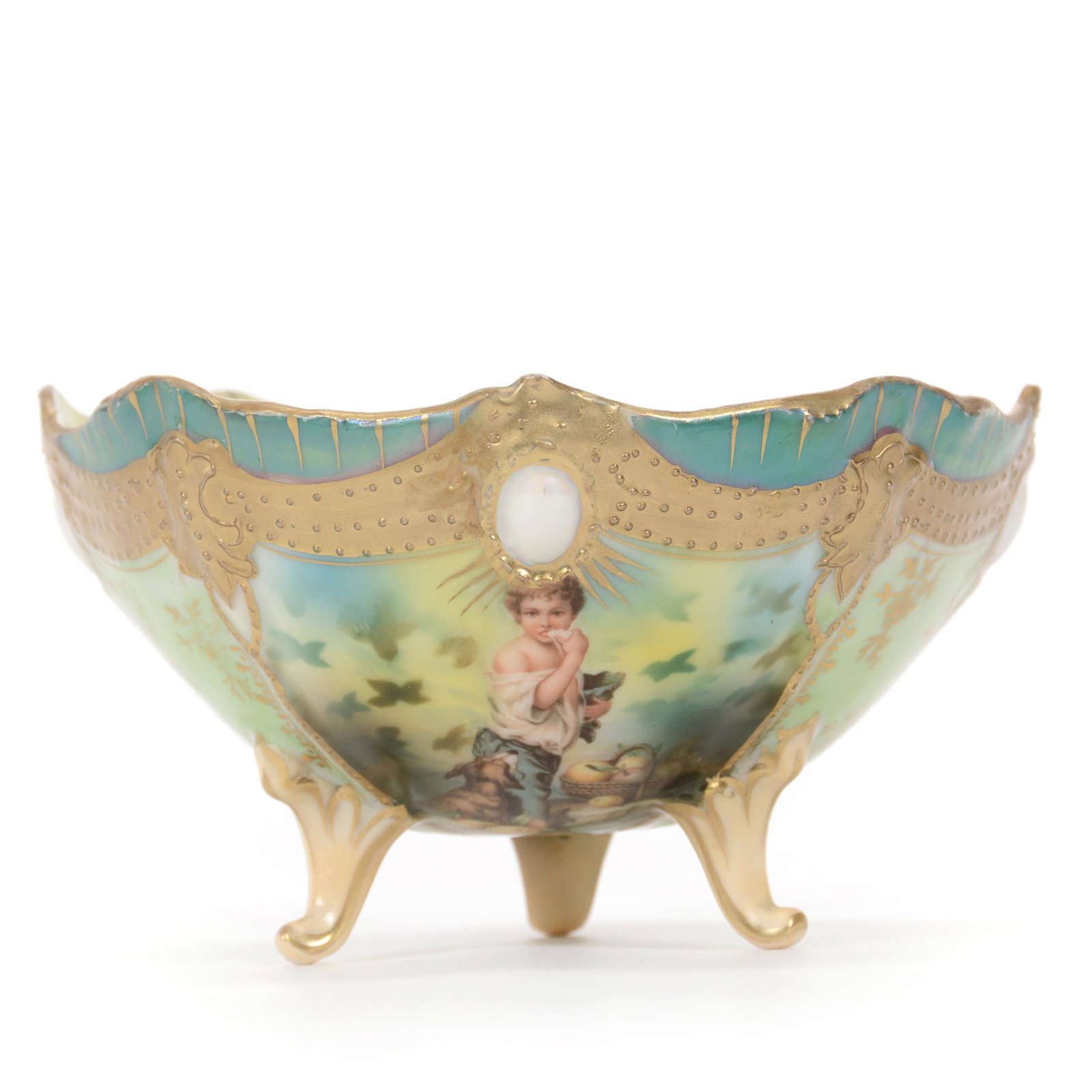 Footed Bowl Marked R. S. Prussia, Melon Eater Scenic: Footed Bowl Marked R. S. Prussia, Melon Eater Scenic Decor, 3.25" x 5.25", Ribbon And Jewel Mold, Green Background, Heavy Gold Trim, Opal Jewels, Rood Collection, NY.