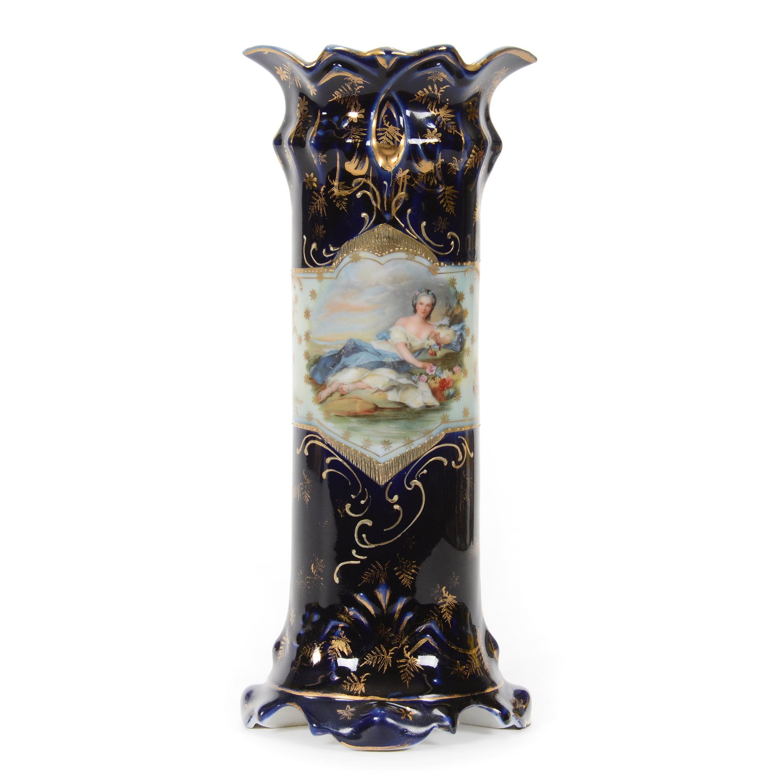 Vase Marked Crown Vienna, Cobalt Blue: Vase Marked Crown Vienna, Cobalt Blue, 11.75" X 5", Double Scene, Diana The Huntress And Reclining Lady, Gold Stencil Highlights, Hard To See Professional Foot And Rim Touch Ups, Rood Collection, NY.