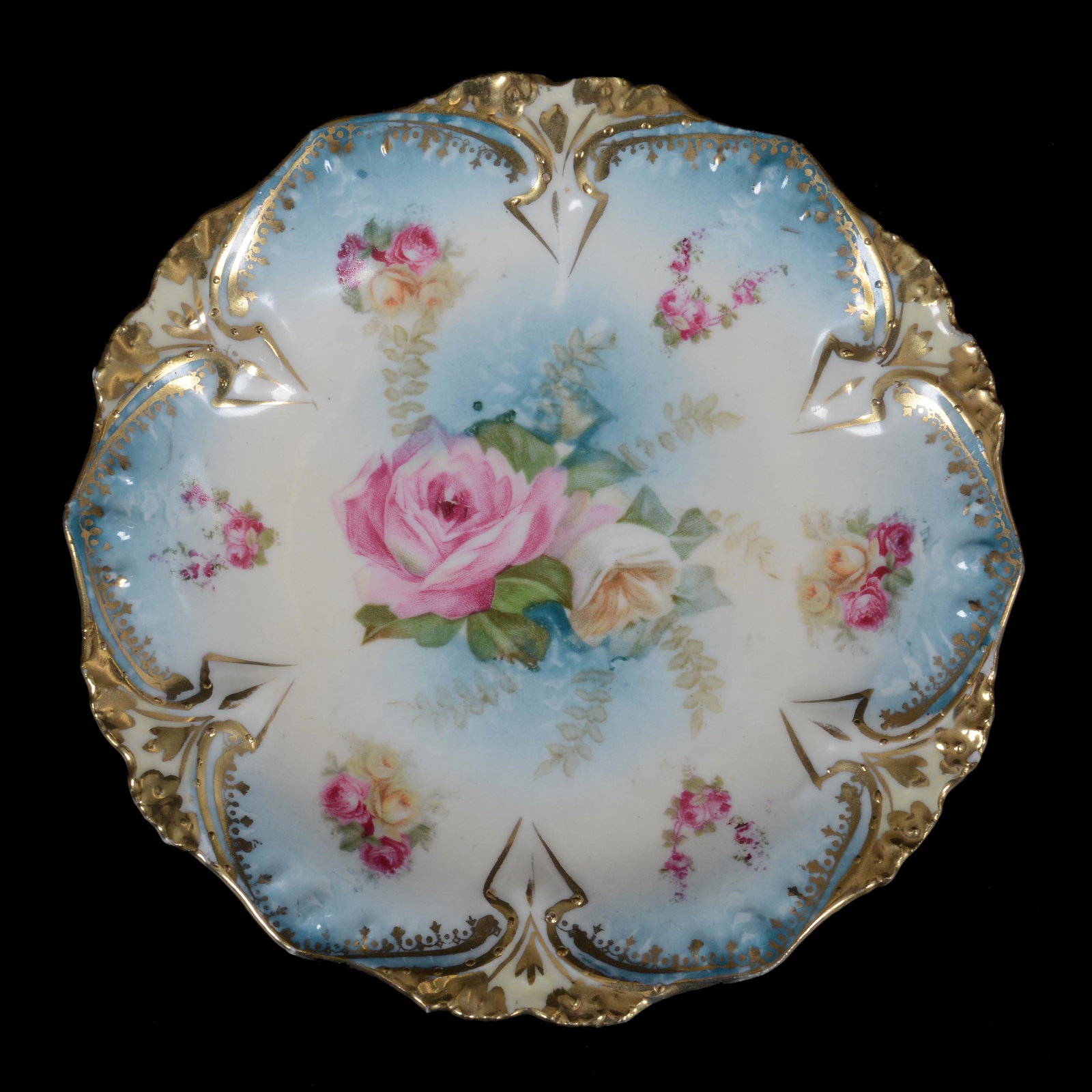 Plate Marked R. S. Prussia, Point And Clover Mold: Plate Marked R. S. Prussia, Point And Clover Mold, 6", Blue And Cream Tones With Rose Decor, Nice Gold Trim, Rood Collection, NY.