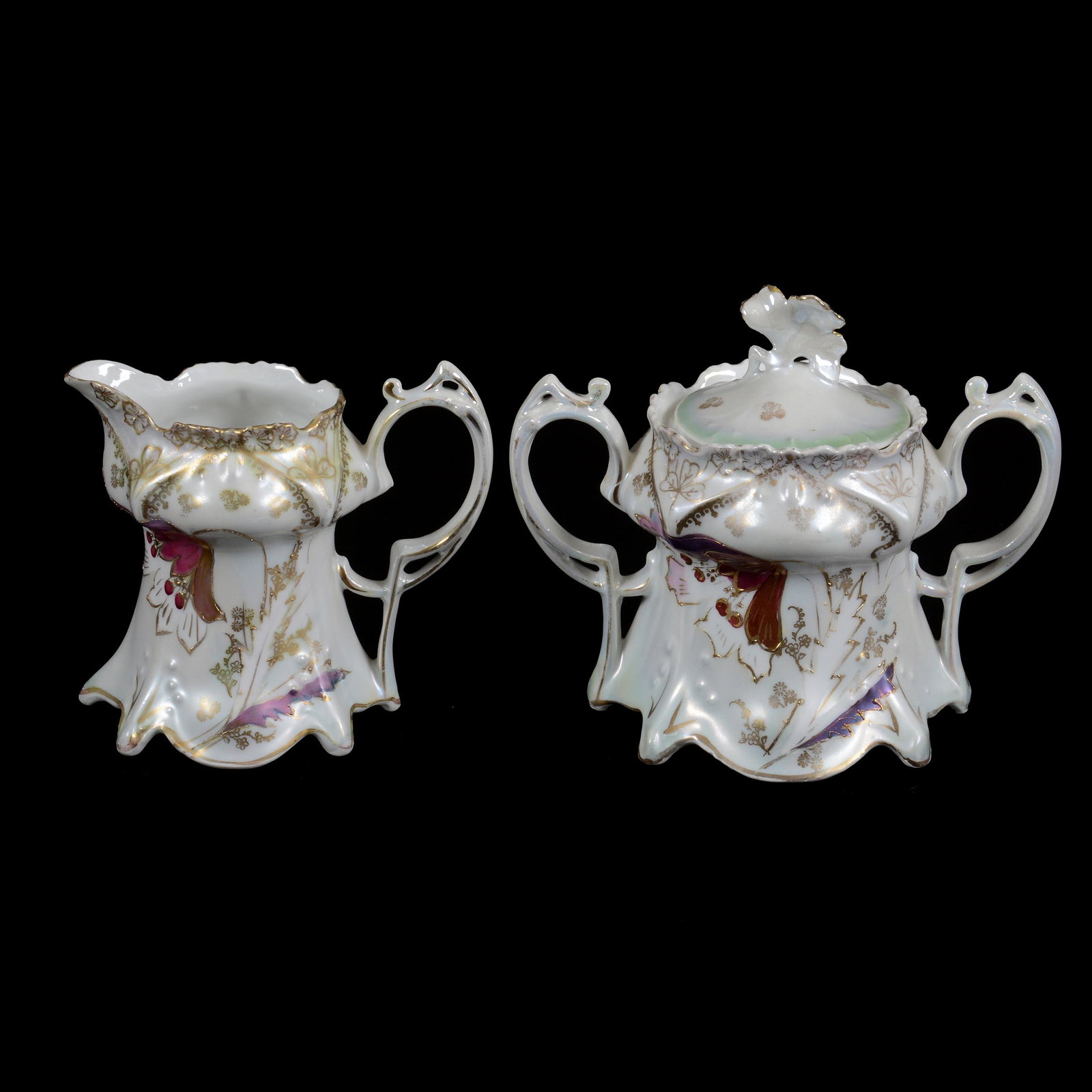 Creamer And Sugar, Unmarked Prussia: Creamer And Sugar, Unmarked Prussia, 5" x 6", White And Green Satin Finish, Stylized Tiffany Finish Floral Decor, Point And Clover Mold, Matches Lot #182 & #184, Lee Marple Collection, CA.