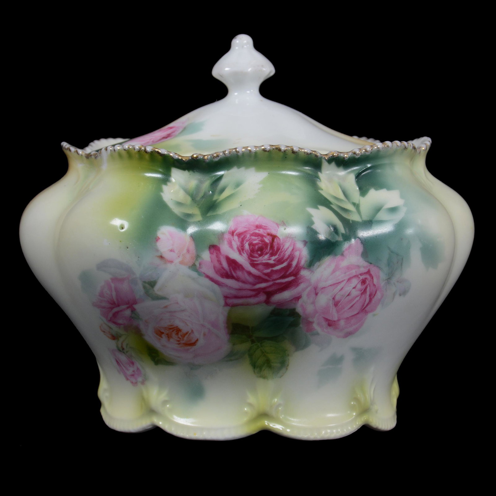 Biscuit Jar Marked R. S. Prussia: Biscuit Jar Marked R. S. Prussia, 5.5", Green, Cream, And White Tones, Pink Rose Decor, Private Collection.