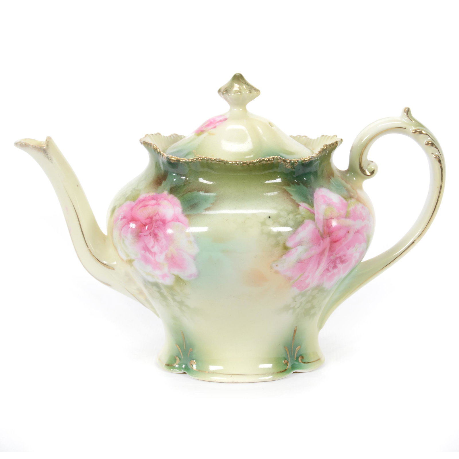 Tea Pot Marked R. S. Prussia: Tea Pot Marked R. S. Prussia, 5.5" x 8", Green And Yellow Tones With Pink Rose Decor, Inside Rim Chip, Private Collection.