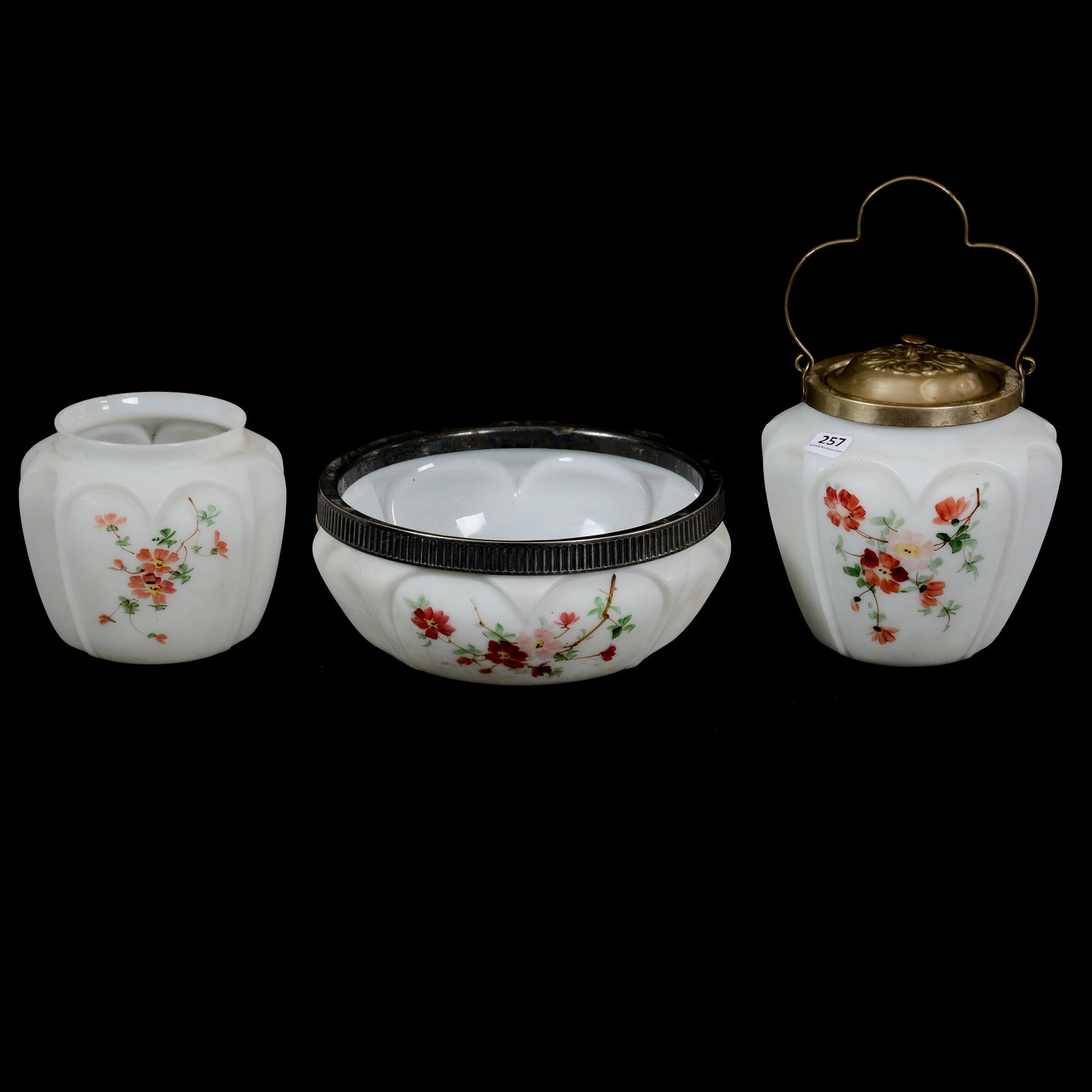(3) White Satin Items By Consolidated Glass: (3) White Satin Items By Consolidated Glass, Open Heart Arches Pattern, (1) 6.5" Biscuit Jar, (1) 8.75" Bowl, Silverplate Rim, Rim Is Not Currently Attached, Bowl Has Crack Under Silverplate Rim, (1) 