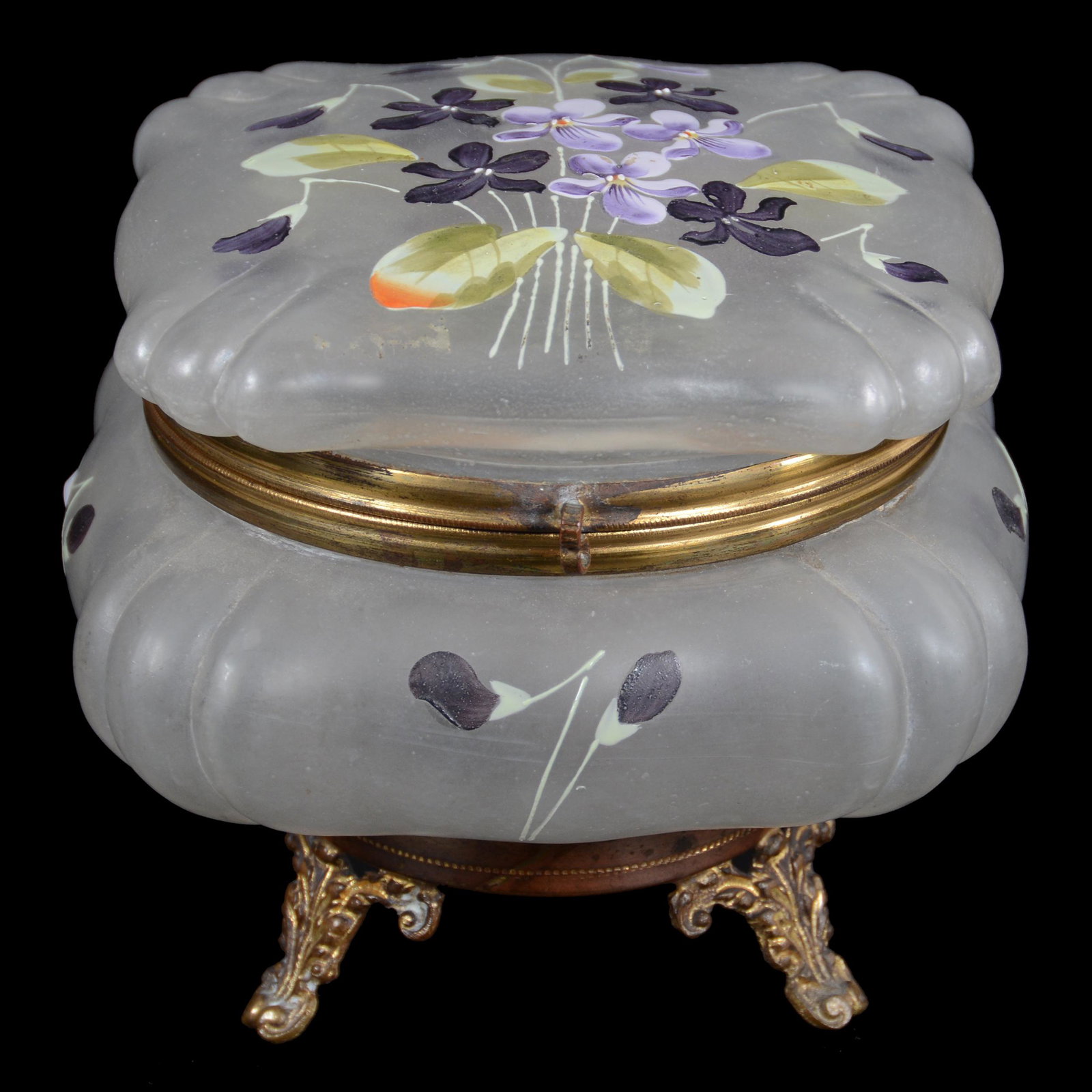 Jewel Box, Frosted Crystal By C.F. Monroe: Jewel Box, Frosted Crystal By C.F. Monroe, 5.25" x 5.25", Enamel Violet Decor, Gilt Metal Feet, Private Collection.