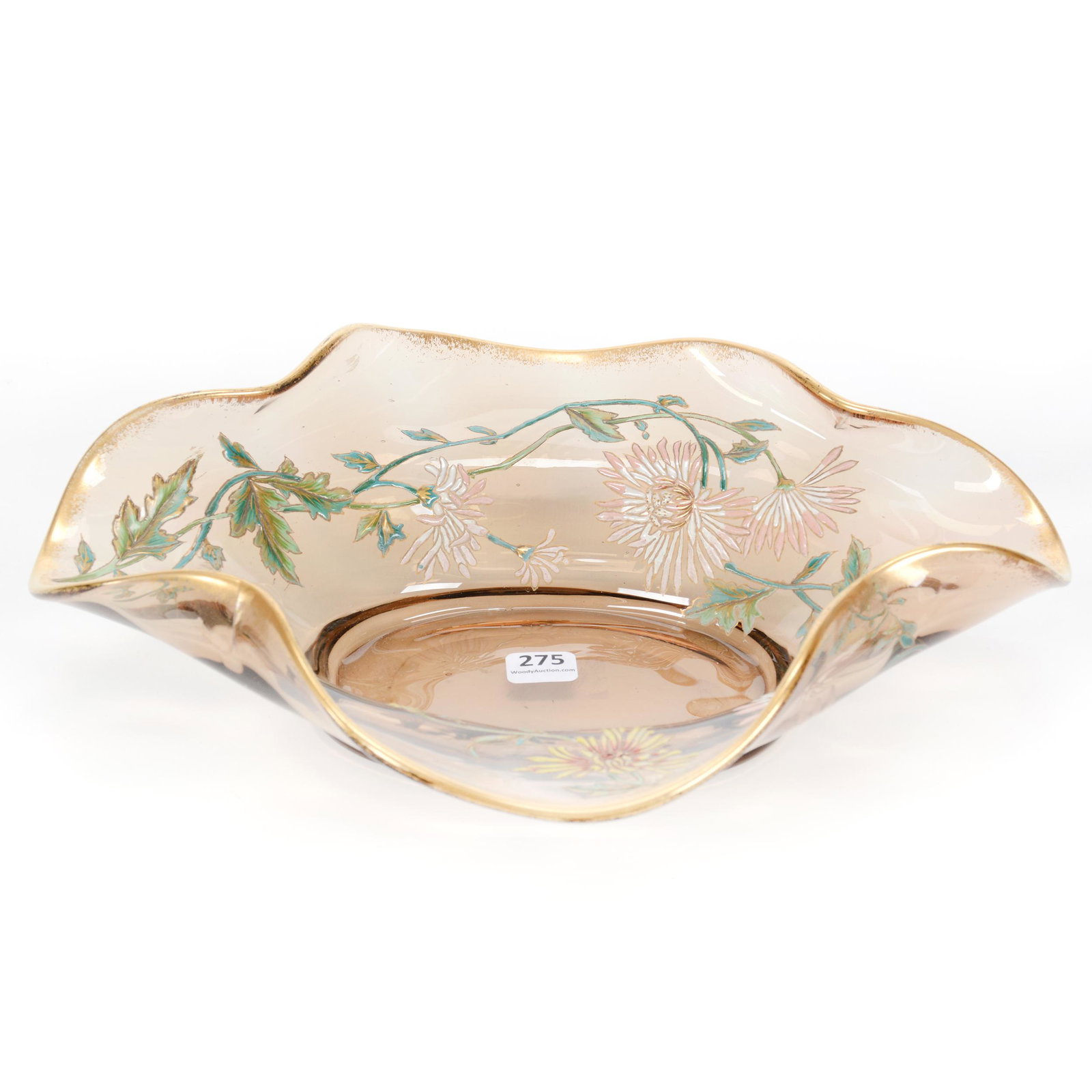 Folded Bowl, Unmarked Moser Art Glass: Folded Bowl, Unmarked Moser Art Glass, 12.5" x 10.5", Smoke Color With Heavy Enamel Floral Decor, Gold Trim Highlights, Nice Quality, Partial Collection Of Gary Baldwin, Author Of Moser Artistic Glass