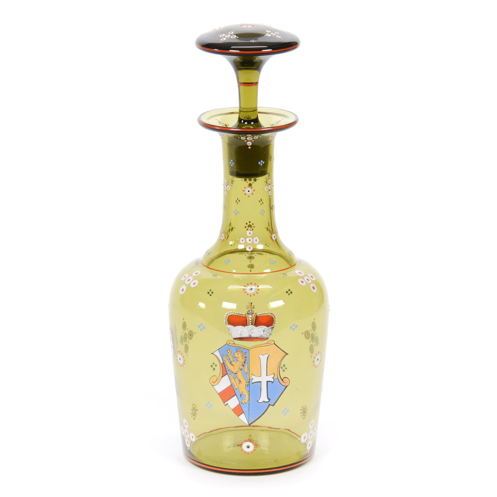 Decanter, Bohemian Neo-Renaissance Style: Decanter, Bohemian Neo-Renaissance Style, 11.5", Solid Green Glass With Heavy Enamel Coat Of Arms With Floral Highlights, Circa 1885, Partial Collection Of Gary Baldwin, Author Of Moser Artistic Glass