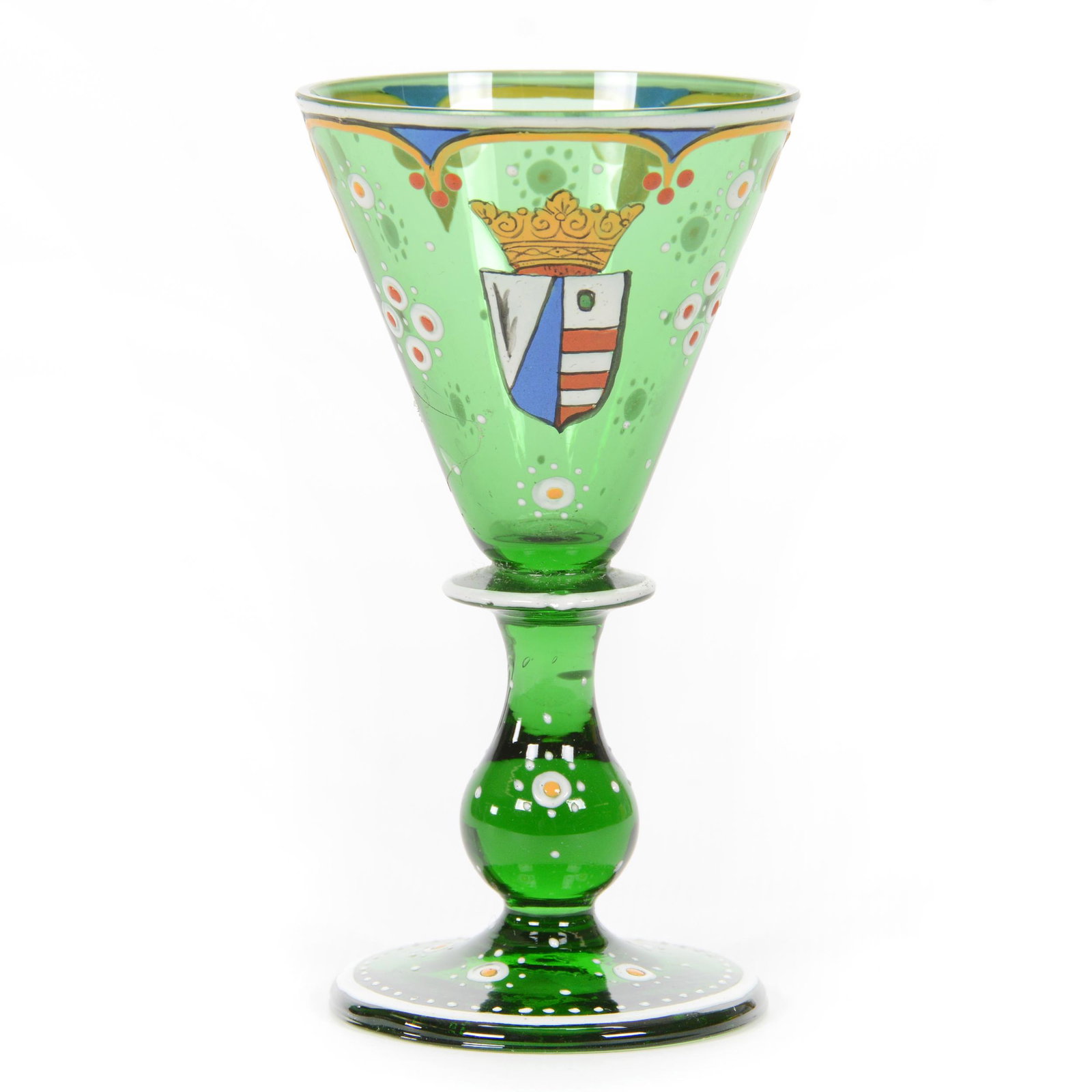 Cordial Stem, Bohemian Neo-Renaissance: Cordial Stem, Bohemian Neo-Renaissance, 3.75", Solid Green Glass With Colorful Enamel Coat Of Arms Decor, Circa 1885, Partial Collection Of Gary Baldwin, Author Of Moser Artistic Glass. - Update: Chan