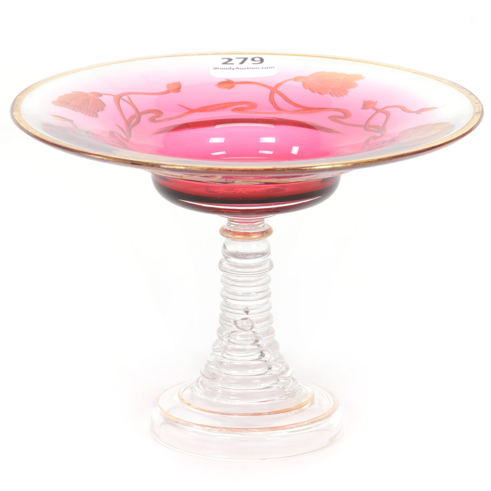 Compote, Unmarked Moser Art Glass: Compote, Unmarked Moser Art Glass, 4.25" x 5.75", Rubina With Engraved Thistle Design And Gold Stencil Highlights, Nice Quality, Partial Collection Of Gary Baldwin, Author Of Moser Artistic Glass.