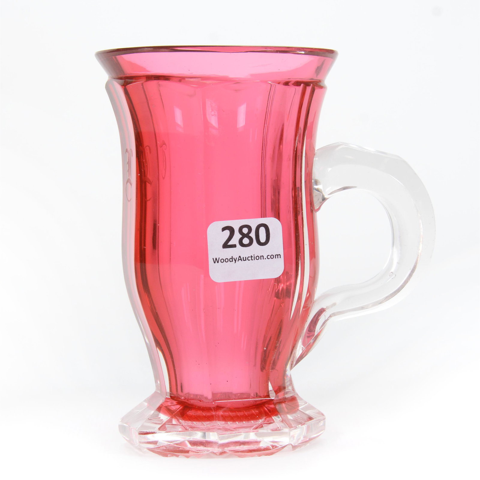 Mug, Bohemian Cranberry Cased Art Glass: Mug, Bohemian Cranberry Cased Art Glass, 4.5", Hobstar Foot, Panel Cut With Monogram, Circa 1850, Partial Collection Of Gary Baldwin, Author Of Moser Artistic Glass.