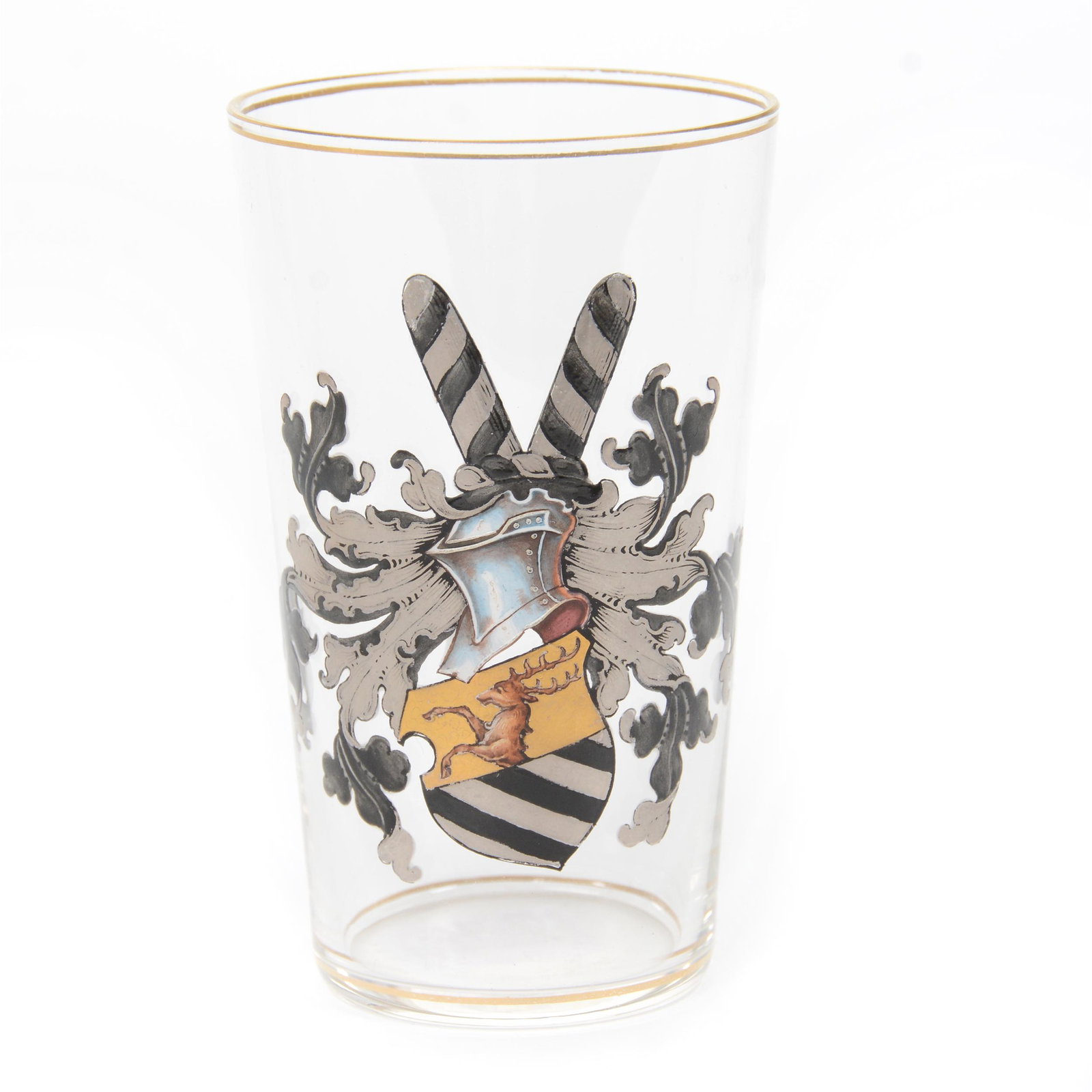 Juice Glass, German Art Glass: Juice Glass, German Art Glass, 3.75", Clear Crystal With Elaborate Enamel Coat Of Arms, Partial Collection Of Gary Baldwin, Author Of Moser Artistic Glass.