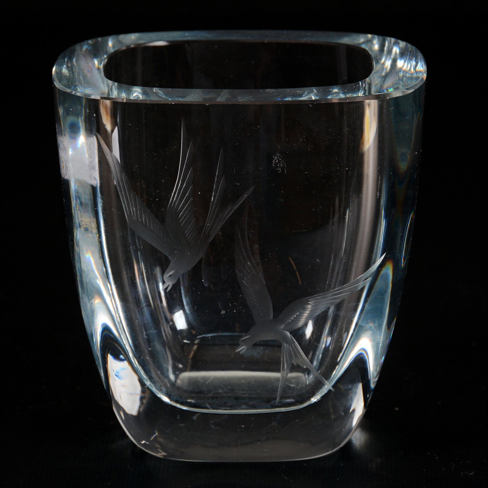 Vase, Unmarked Swedish Art Glass: Vase, Unmarked Swedish Art Glass, 5" x 4.75", Possibly Kosta Boda, Engraved Birds, Heavy Blank, Partial Collection Of Gary Baldwin, Author Of Moser Artistic Glass.