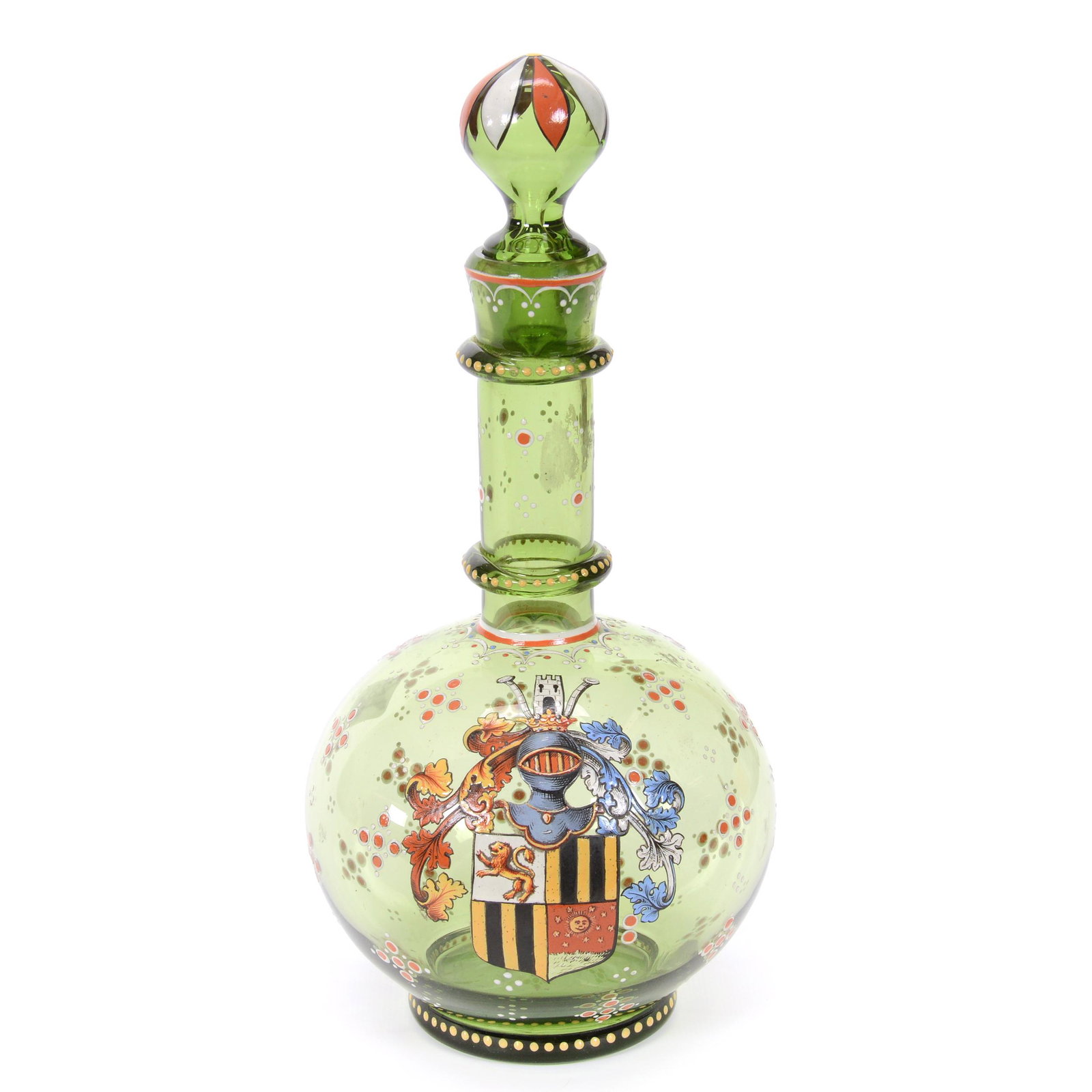 Decanter, Bohemian Neo-Renaissance Style: Decanter, Bohemian Neo-Renaissance Style, 10.75", Solid Green Art Glass With Heavily Enameled Coat Of Arms, Circa 1885, Small Rim Nick, Partial Collection Of Gary Baldwin, Author Of Moser Artistic Gla