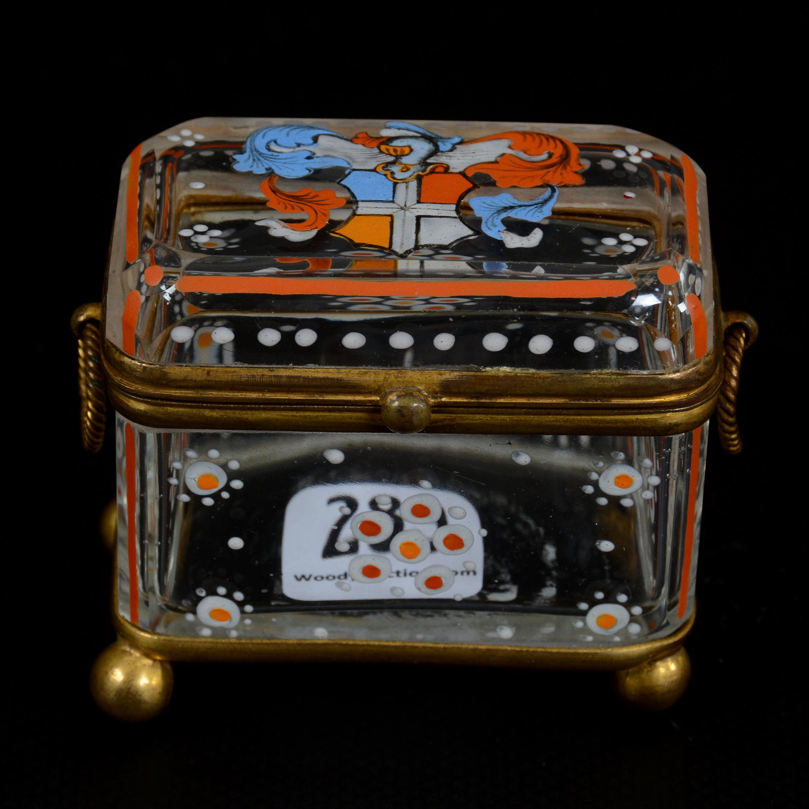 Jewel Box, Bohemian Neo-Renaissance: Jewel Box, Bohemian Neo-Renaissance, 2.5" x 2.75", Clear Crystal With Enamel Coat Of Arms, Gilt Metal Fittings, Circa 1880's, Partial Collection Of Gary Baldwin, Author Of Moser Artistic Glass. - Upda