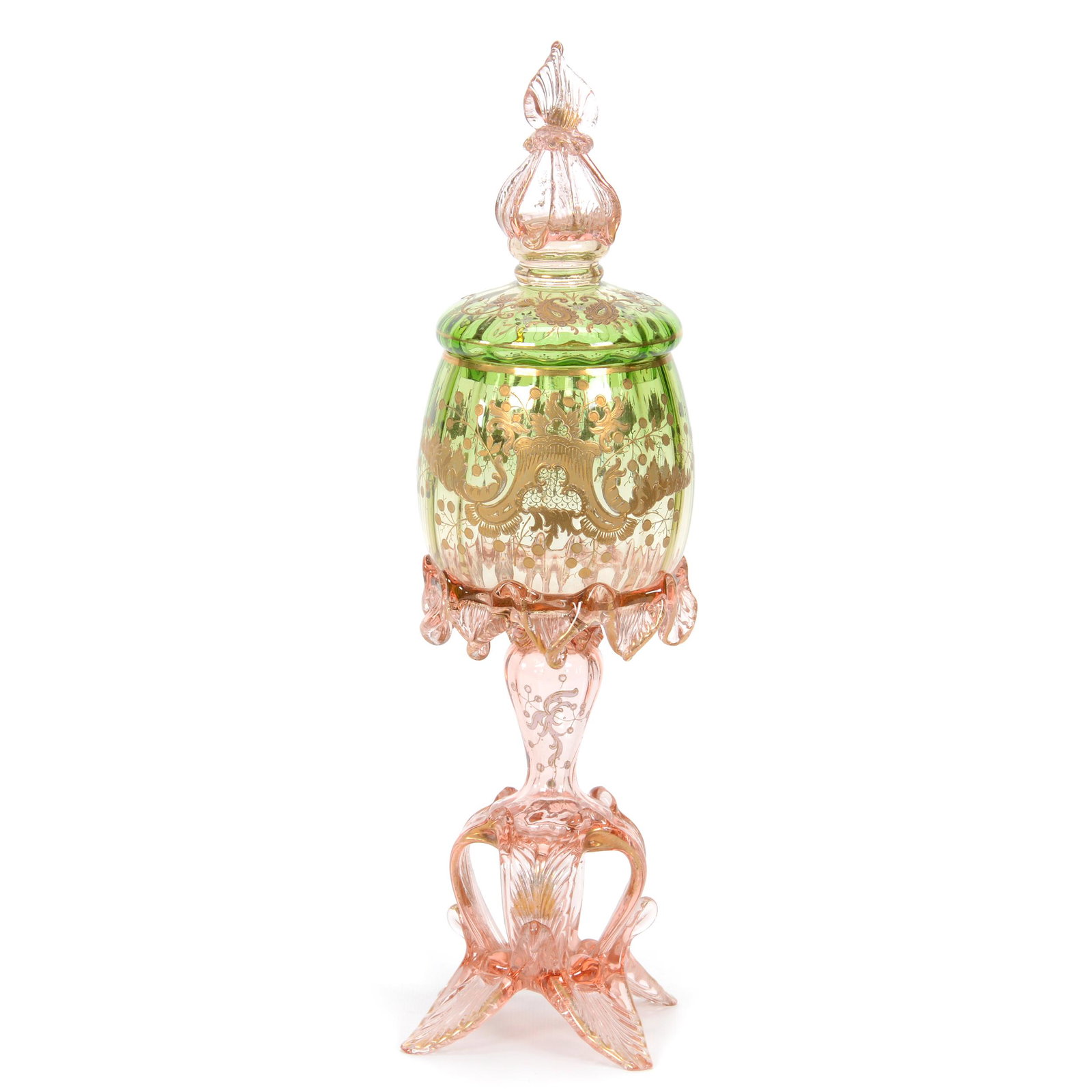 Pokal, Elaborate Moser Art Glass: Pokal, Elaborate Moser Art Glass, 16", Green Shading To Pink, Nice Gold Enamel Scrollwork, Elaborate Applied Petal Design Feet With Matching Lid And Finial, Circa 1900, Partial Collection Of Gary Bald
