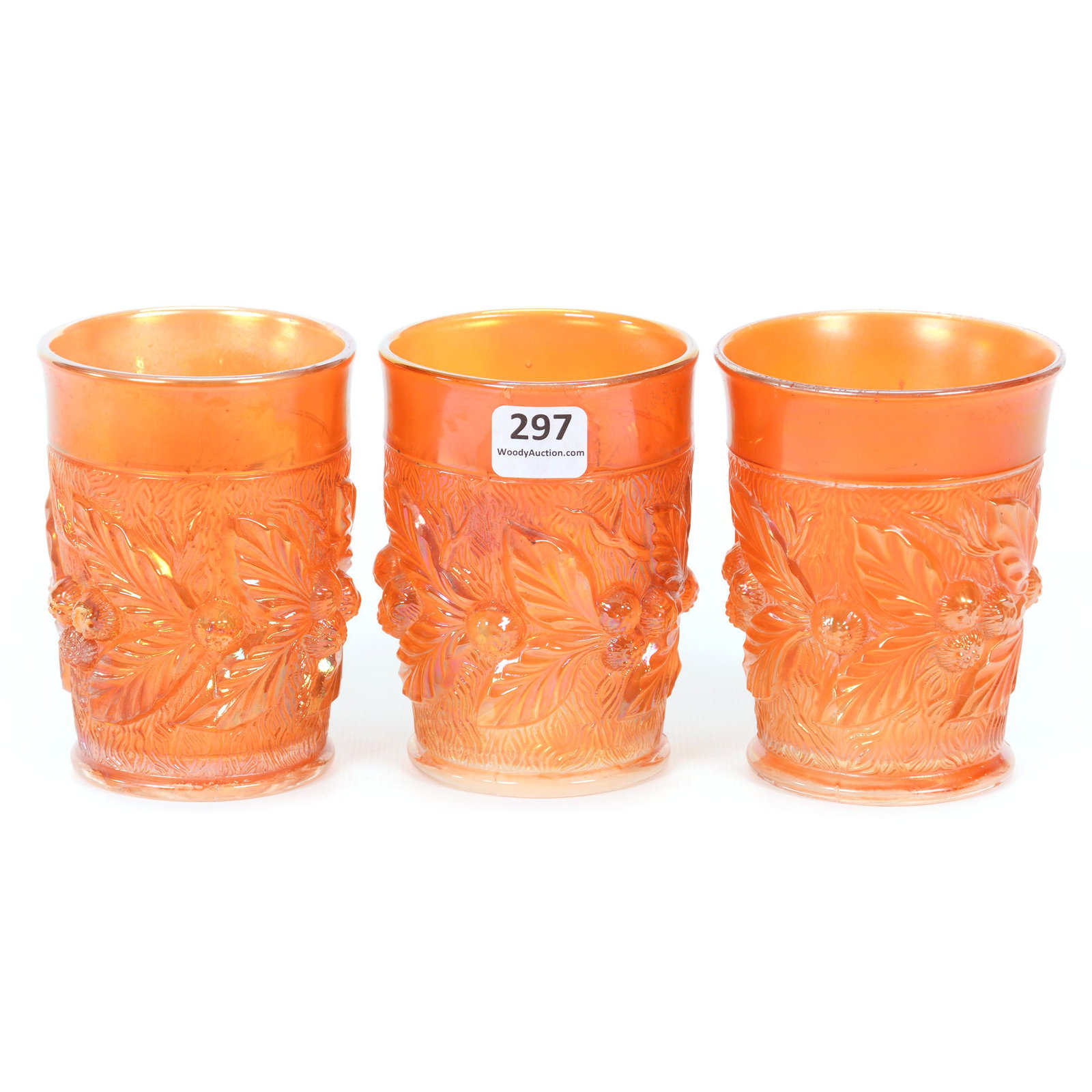 (3) Carnival Glass Tumblers, Acorn Burrs Pattern: (3) Carnival Glass Tumblers, Acorn Burrs Pattern, 4", Marigold, Good Color, Acorn Burrs By Northwood, One Tumbler With Crack, Private Collection.