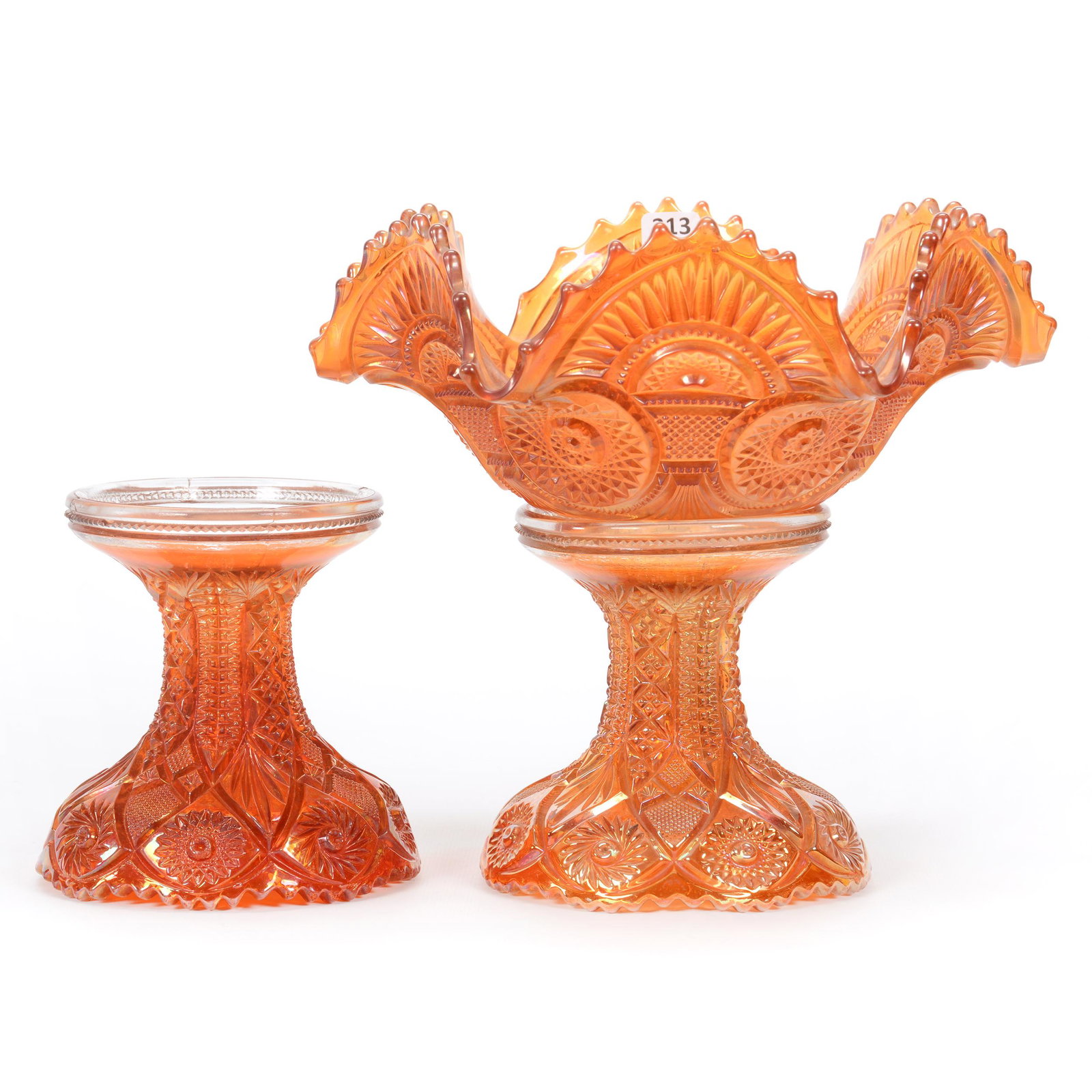 Carnival Glass Fruit Bowl, Twins By Imperial: Carnival Glass Fruit Bowl, Twins By Imperial, 9.5" x 10.5", Marigold, Selling With Extra Marigold Twins Pattern Base, Private Collection.
