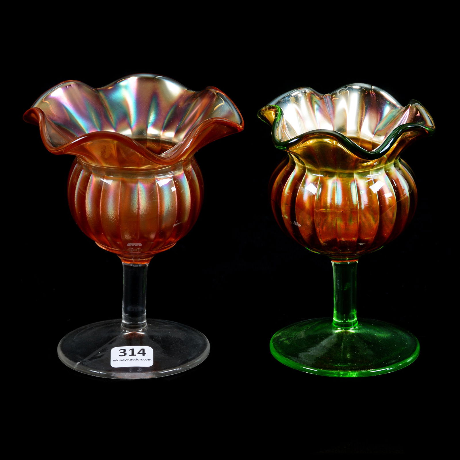 (2) Carnival Glass Whimsey Stemmed Spittoons (1 of 3)