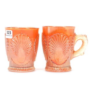 (2) Carnival Glass Items, Beaded Shell By Dugan: (2) Carnival Glass Items, Beaded Shell By Dugan, 4", Marigold, (1) Mug, (1) Tumbler, Private Collection.