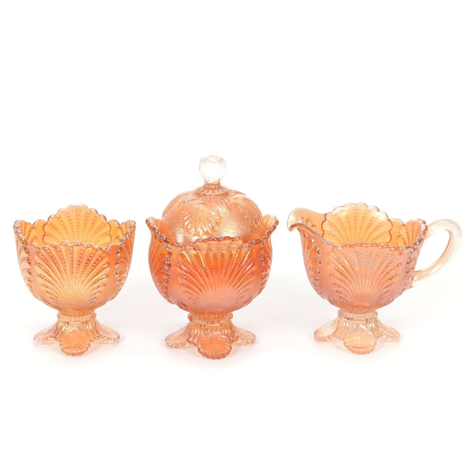 Carnival Glass Table Set, Beaded Shell By Dugan (1 of 3)