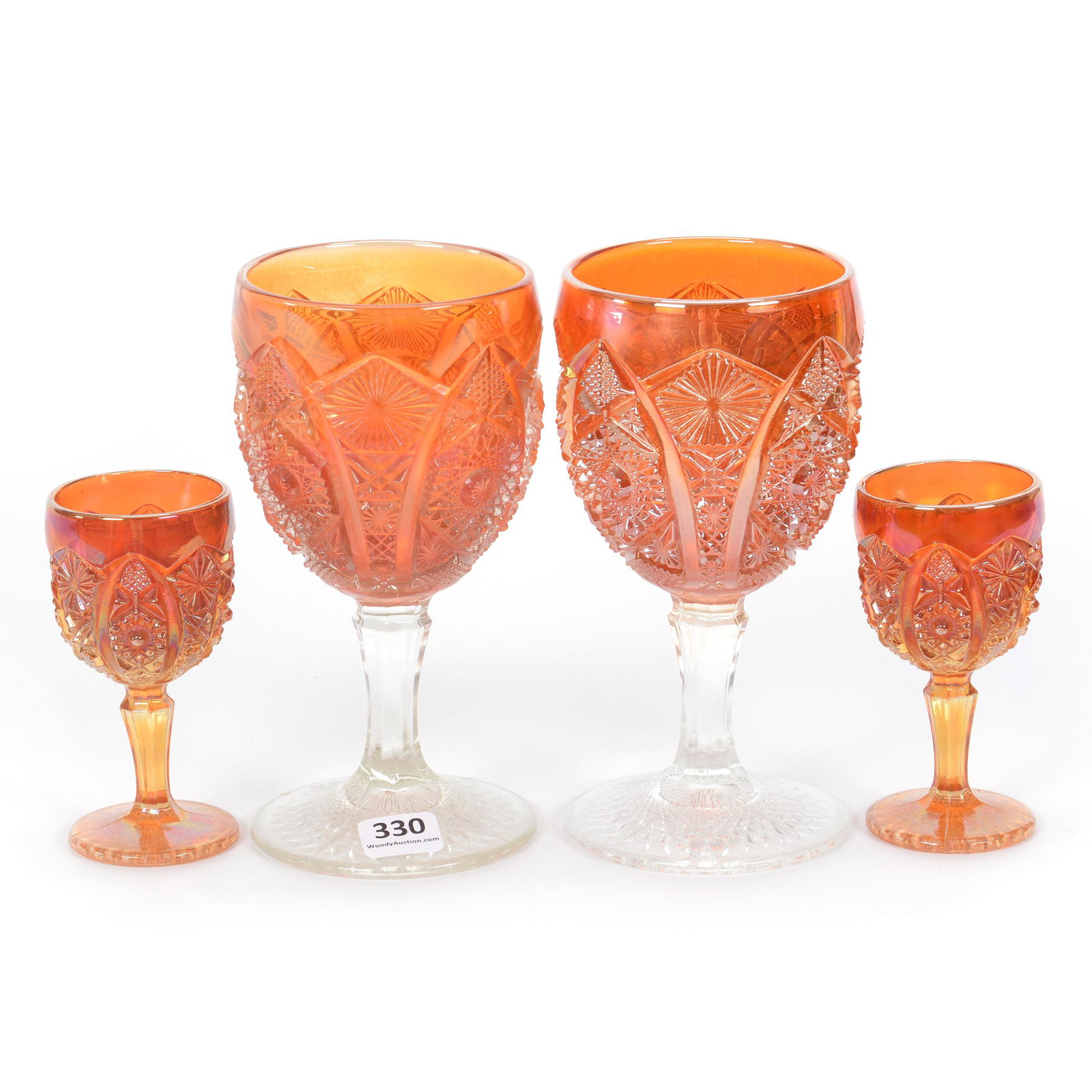 Carnival Glass, Octagon Pattern By Imperial: Carnival Glass, Octagon Pattern By Imperial, Marigold, (2) 6.25" Goblets, (2) 4" Wines, Private Collection.
