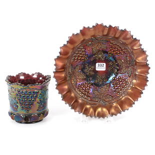 (2) Carnival Glass Items, Northwood Grape And Cable: (2) Carnival Glass Items, Northwood Grape And Cable, (1) 8.5", Bowl, Amethyst, Pie Crust Edge, Large Chip On Edge, (1) 4", Spooner, Purple, Several Chips On Thumbprints Around Base, Private Collection