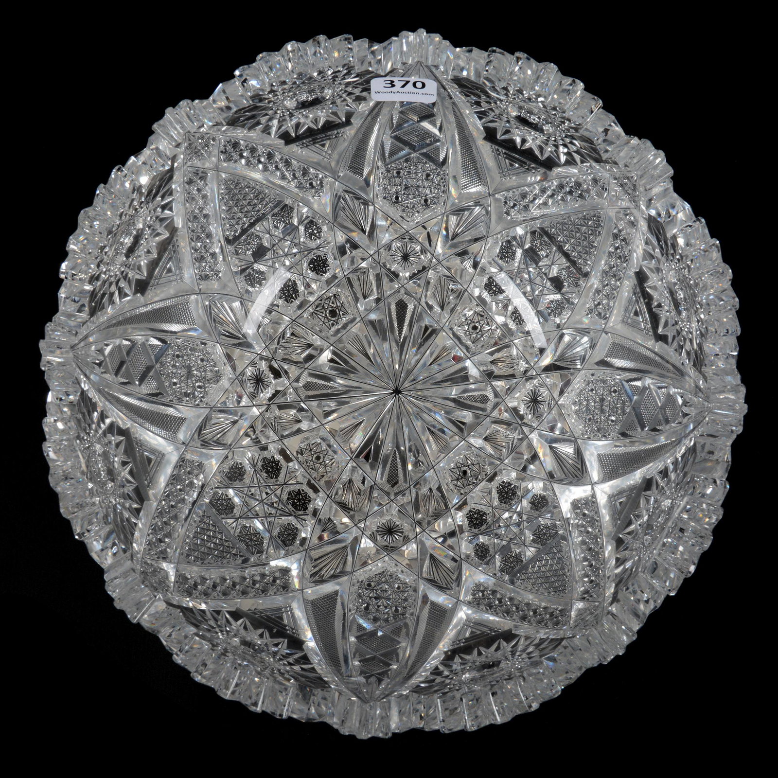 Bowl, American Brilliant Cut Glass: Bowl, American Brilliant Cut Glass, 4.25" x 9", Quality Cut Vesica, Hobstar, Strawberry Diamond, Russian, Diamond, Cluster And Fan Motif, Pattern Base Chip, Extra Nice, Dan & Mary Arnold Collection.