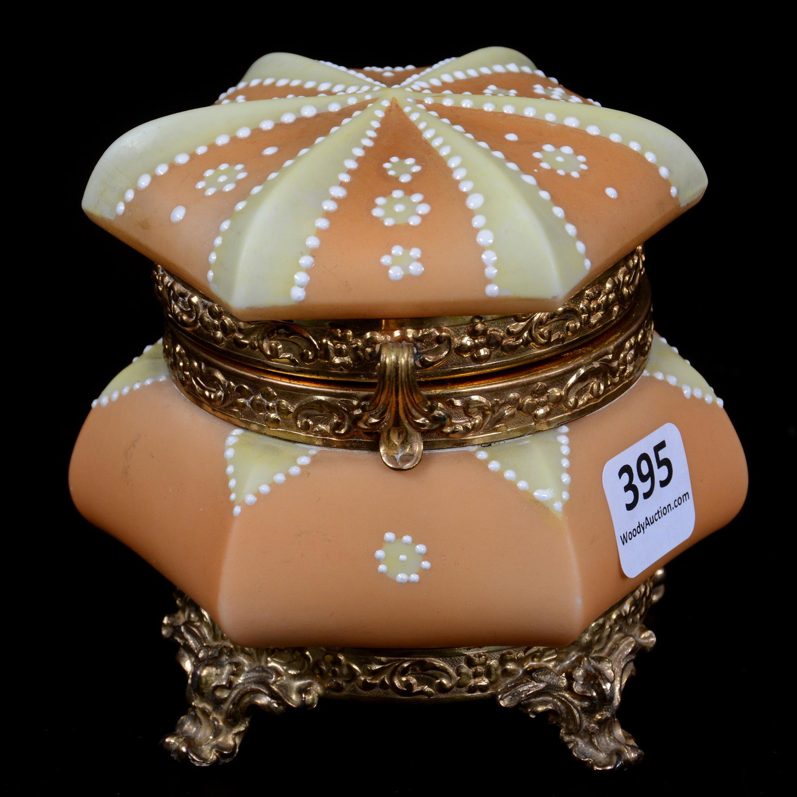 Jewel Box Marked Nakara: Jewel Box Marked Nakara, 3.75" x 3.75", Six-Sided, Orange And Yellow With White Enamel Beaded Highlights, Original Lining, Private Collection.
