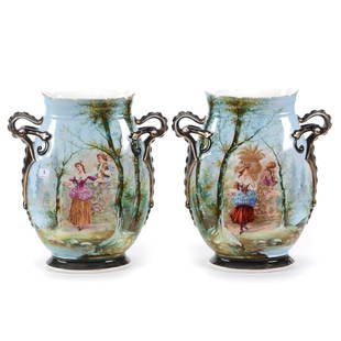 Pair Vases, Unmarked Old Paris Porcelain: Pair Vases, Unmarked Old Paris Porcelain, 13" x 11.5", Beautiful Hand Painted Courting Scene Decor, Black Border, Gold Trim Highlights, Late 1800's, Private Collection