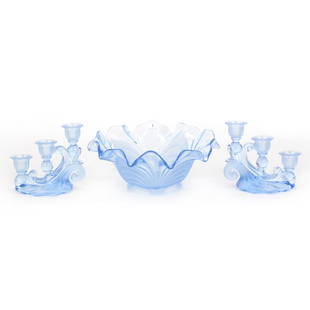 Console Set By Cambridge, Blue Capri Pattern: Console Set By Cambridge, Blue Capri Pattern, 5" x 12", Frosted Highlights, (1) 5" X 12" Footed Bowl And Pair Of Matching Candlesticks, Private Collection