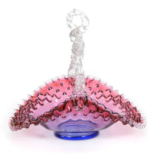 Basket, Cranberry Shading To Blue Art Glass: Basket, Cranberry Shading To Blue Art Glass, 9" x 10", Dimpled Ruffled Border, Clear Thorn Twist Handle, Polished Pontil Base, Private Collection