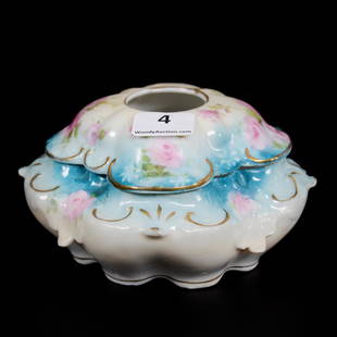 Hair Receiver Marked R.S. Prussia: Hair Receiver Marked R.S. Prussia, 2.5" x 3.75", Cream And Blue Tones With Pink Rose Decor, Private Collection