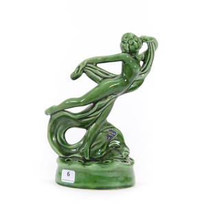 Figural Flower Frog, Camark Art Pottery: Figural Flower Frog, Camark Art Pottery, 9" x 6.5", Green Glaze Finish, Art Nouveau Nude, Original Labels, Private Collection