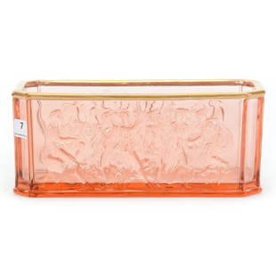 Window Box Planter, Pink Depression Glass: Window Box Planter, Pink Depression Glass, 4" x 9.5", Embossed Scene Of Women Dancing And Playing Instruments, Gold Rim, Private Collection