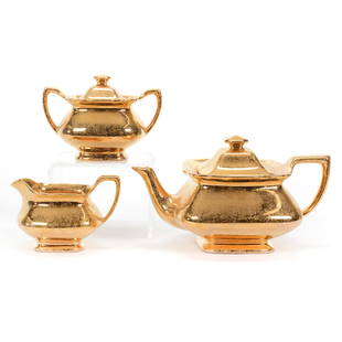 Tea Set Marked Lady Hamilton 22k Gold Overlay: Tea Set Marked Lady Hamilton 22k Gold Overlay, Three Piece Set, (1) 5.5" X 9.5" Teapot, Matching Creamer And Sugar, Private Collection