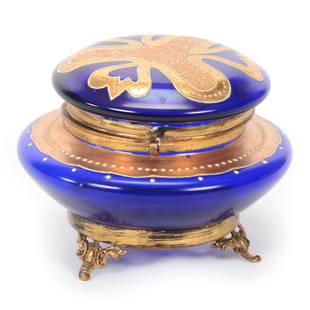 Jewel Box, Deep Cobalt Blue, Decorated: Jewel Box, Deep Cobalt Blue, Decorated, 3.75" x 4.75", Gold And Enamel Highlights, Hinged, Collection
