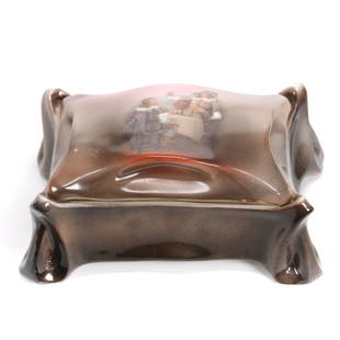 Covered Box Marked Royal Bayreuth (Blue Mark): Covered Box Marked Royal Bayreuth (Blue Mark), 2.25" x 5", Box For Playing Cards, Gray And Pink Tones With Cavalier Scenic Decor, Private Collection