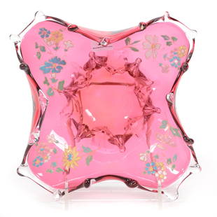 Square Footed Bowl, Cranberry Art Glass: Square Footed Bowl, Cranberry Art Glass, 4.5" x 7", Clear Applied Feet And Rim, Enamel Floral Decorated Interior, One Foot Has Minor Polish Touch-Up, Private Collection