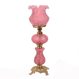 Banquet Lamp, Cranberry Opalescent Art Glass: Banquet Lamp, Cranberry Opalescent Art Glass, 21" x 6", Daisy And Fern Design, Circa 1960's, Electrified, Private Collection