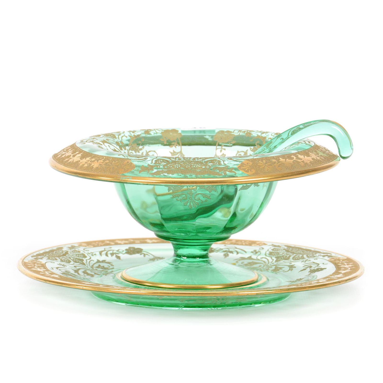 Mayonnaise Set, Decorated Green Depression Glass (1 of 2)