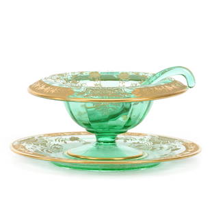 Mayonnaise Set, Decorated Green Depression Glass: Mayonnaise Set, Decorated Green Depression Glass, 4" x 8.25", Engraved Floral Decor, Gold Stencil Highlights, Set Includes Bowl, Underplate And Ladle, Private Collection