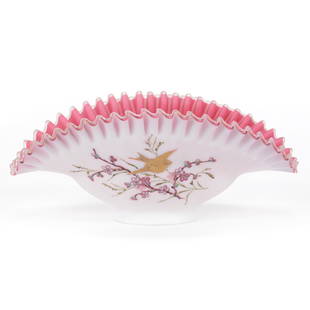 Folded Brides Bowl, Cased Satin Art Glass: Folded Brides Bowl, Cased Satin Art Glass, 3.5" x 8.5", Pink Interior With Enamel Bird, Branch And Blossom Decor, White Exterior, Pie Crust Edge, Polished Pontil Base, 2.5" Base Diameter, One Hard To