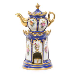 Modern Sevres Tea Warmer Set, Four Piece: Modern Sevres Tea Warmer Set, Four Piece, 9.5" x 6", White And Cobalt Blue With Quality Floral Decor, Heavy Gold Trim Highlights, Nice Set, Private Collection