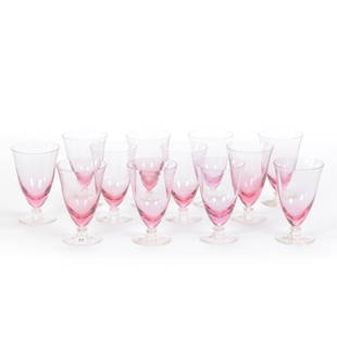 (12) Goblets, Pink Rose Color Bowl: (12) Goblets, Pink Rose Color Bowl, 5.75" x 3.5", Clear Stem And Foot, Possibly Cambridge Glass, Private Collection